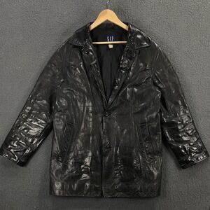 VTG 90s Y2K Gap Leather Coat Mens Medium Lined Button Collar Grunge Black Jacket